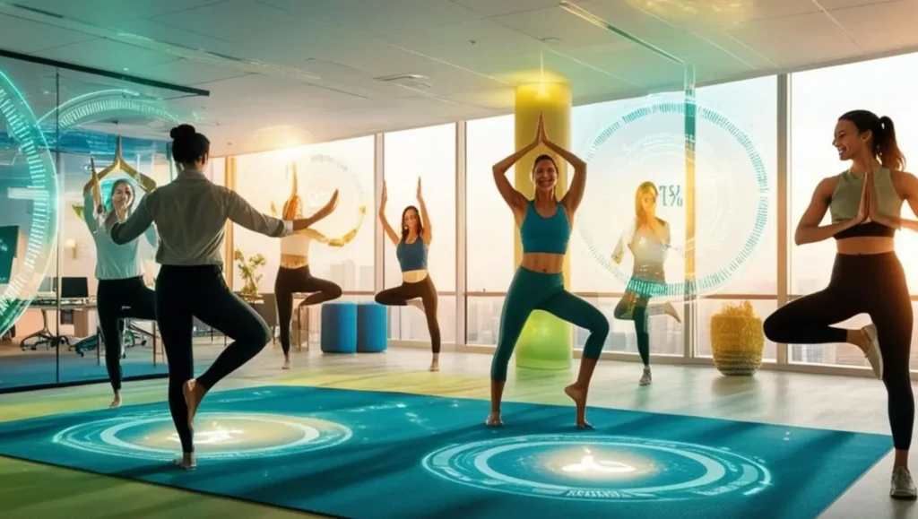 A group of employees practising wellness routines powered by AI applications.