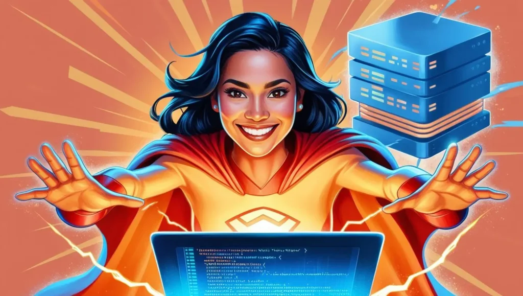 A female coder wearing a web superhero outfit - From Frontend Coder to Self-Hosting Web Hero: My Digital Ocean Journey to a Live Blog