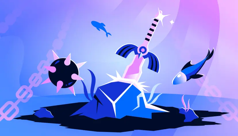 an ocean bed with rocks and a sword