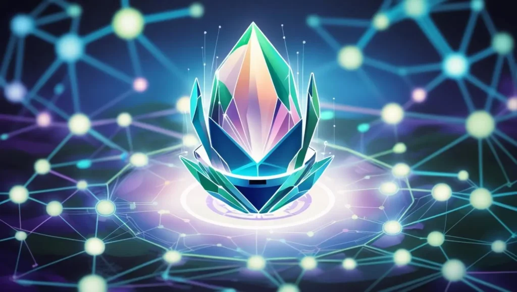 ethical AI represented as a glowing, multifaceted crystal at the center of a complex network of interconnected nodes, rendered in a vibrant, futuristic style with a color palette of blues, greens, and purples, emphasizing the intricate connections and the AI's central role. 