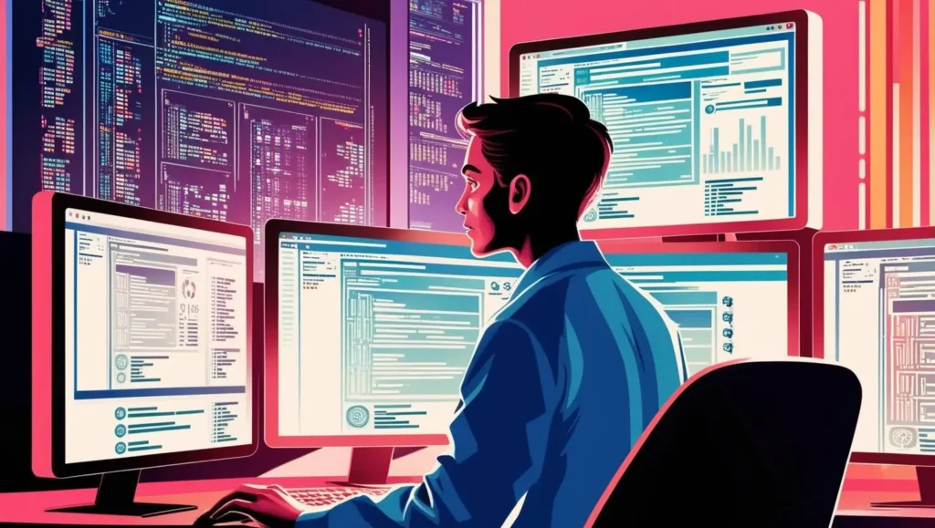 A person carefully monitoring multiple computer screens displaying complex data streams, vibrant yet calming colour palette, digitally painted, cinematic lighting, conveying a sense of focused attentiveness and technological vigilance in a digital AI world.