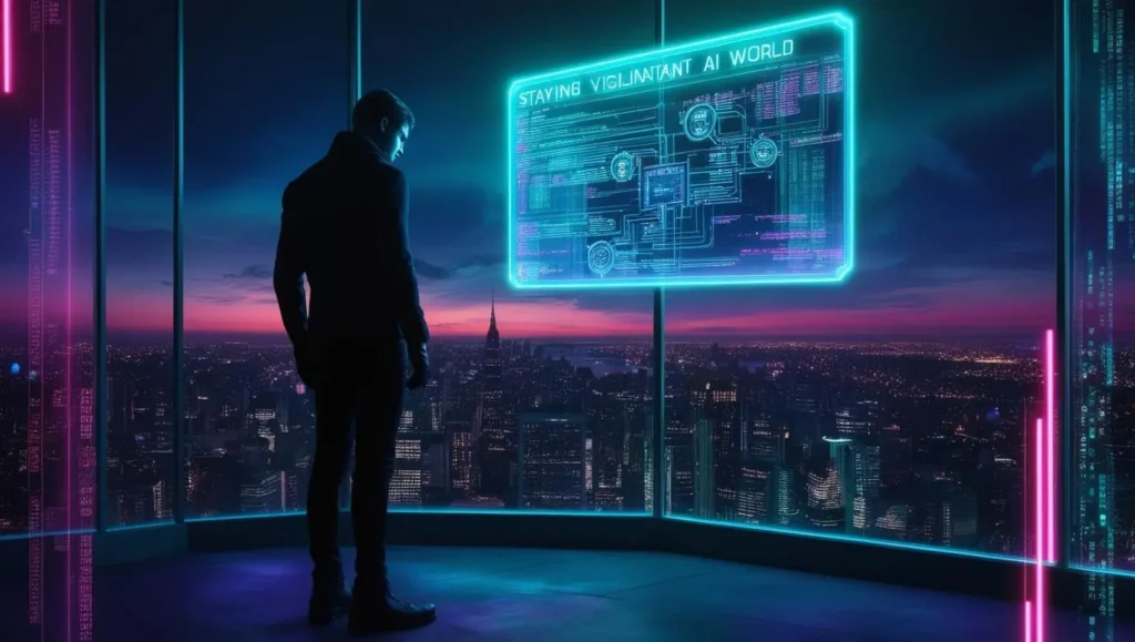 Staying vigilant in a digital AI world, featuring a lone figure silhouetted against a vibrant, neon-drenched cityscape at night. The figure, clad in dark clothing, looks intently at a holographic projection of complex data streams.