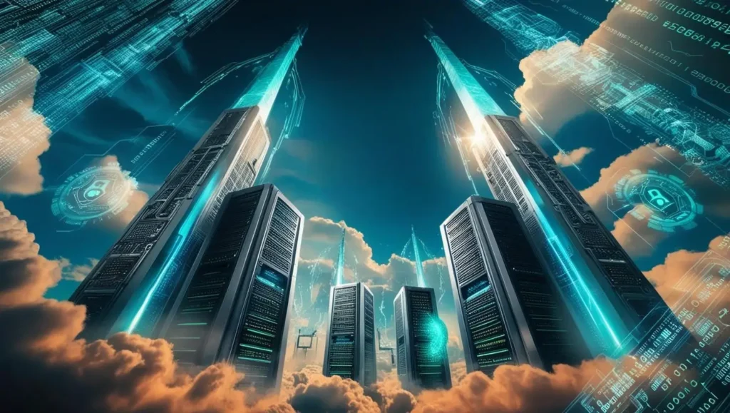 depiction of AI and cloud security revolution infrastructure growth, featuring a dynamic composition with towering data centers piercing a vibrant, stylised sky.