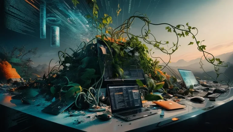 Digital Decluttering for Mental Wellness with a Proven System. An overgrown green landscape with multiple devices that are overloaded with information AI.