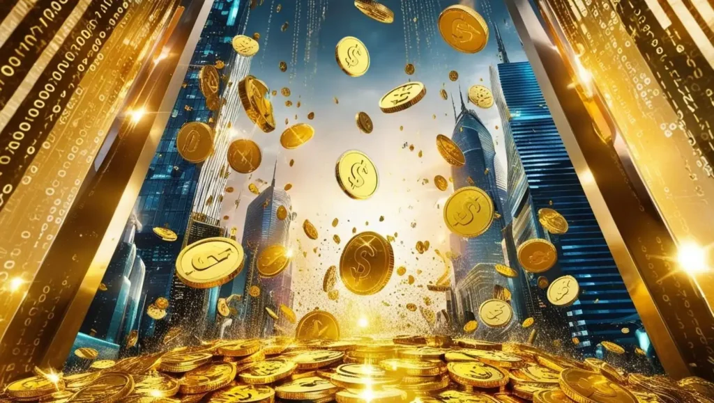 The Digital Gold Rush of the dot-com era, featuring imaginative details such as shimmering gold coins raining down amidst a flurry of computer code and futuristic skyscrapers.