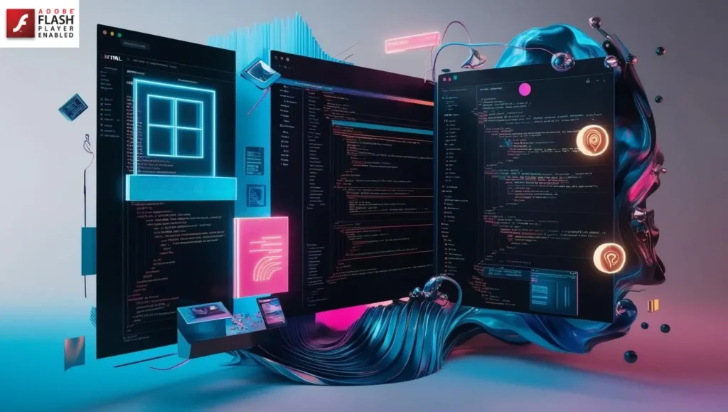 A depiction of HTML and FLASH website interfaces, featuring imaginative details such as floating windows, glowing code, and abstract graphical elements.