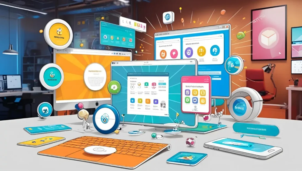 A depiction of floating windows consisting of HTML and Flash website interfaces