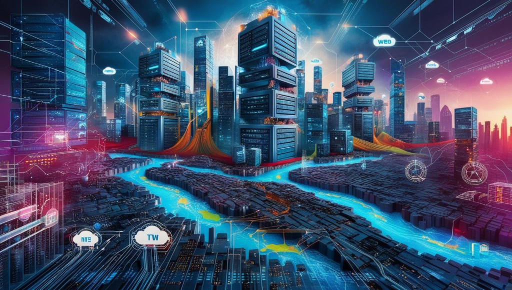 A depiction of a Web 2.0 city, integrating web infrastructure graphics. Imaginative architectural details include towering servers forming skyscrapers and data streams flowing like rivers, interspersed with network nodes and digital grids.