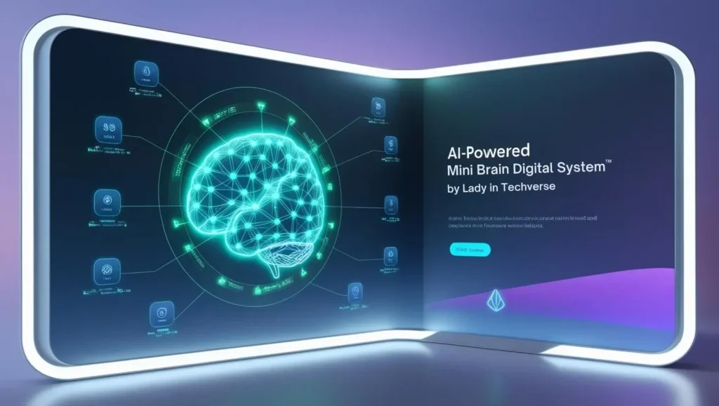 Futuristic digital sanctuary interface showing AI-powered second mini brain systems - Lady in Techverse