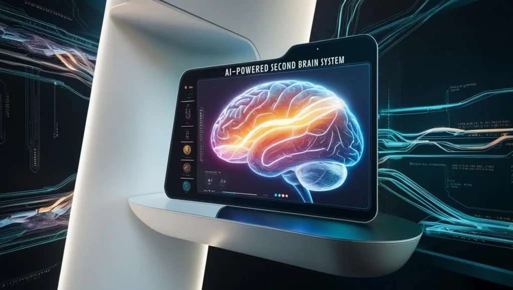 Futuristic digital sanctuary interface showing AI-powered second mini brain systems - Lady in Techverse