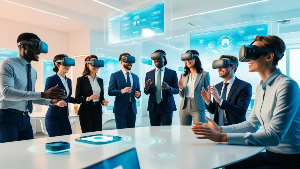 Abstract illustration of diverse remote workers using artificial intelligence, augmented reality tools for virtual communication — symbolising the transformation of digital communication in hybrid and matrixed teams.