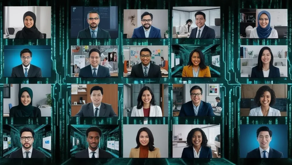 Abstract illustration of diverse remote workers using AI-powered tools for virtual communication — symbolising the transformation of digital communication in hybrid and matrixed teams.