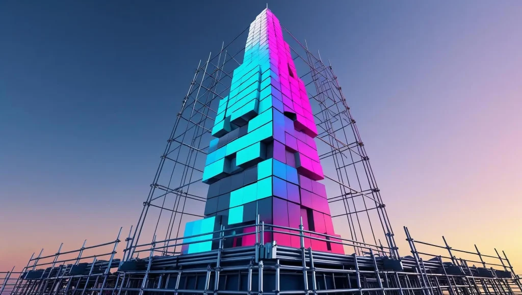Agentic AI Steel scaffolding skyscraper made of modular workflow blocks.