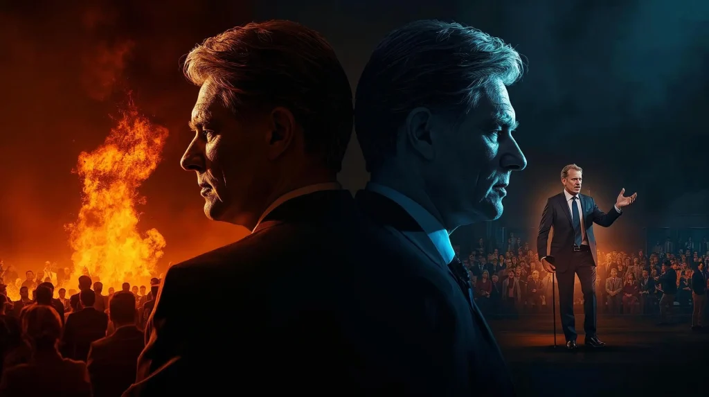 How Can CEOs Use AI and Leadership to Improve Crisis Communications in 2026? two mirrored portraits of a male CEO silhouetted against a dramatic backdrop of erupting fire, symbolising an ignored crisis. The other side shows him stepping forward with a microphone, confidently addressing a glowing holographic audience. 