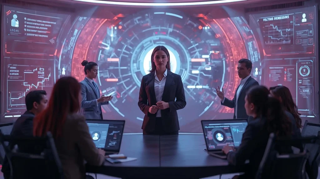 How Can CEOs Use AI and Leadership to Improve Crisis Communications in 2026? A confident female CEO standing at the centre, surrounded by dashboards, encrypted messaging tools, AI assistants, and team members from Legal, IT, HR, and PR.