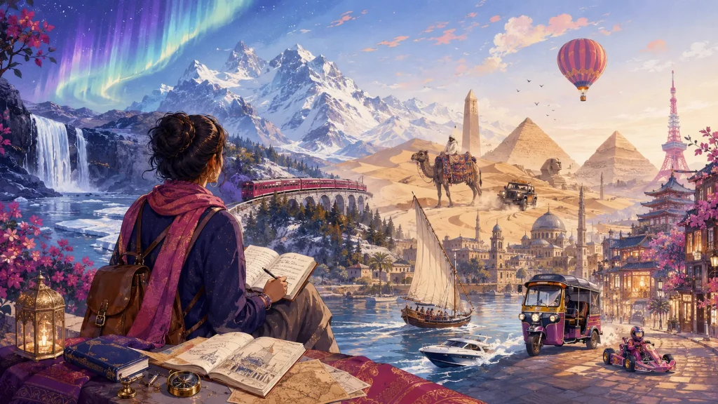 Illustrated traveller writing in a journal overlooking a fantasy skyline blending the Aurora, Swiss Alps, Egyptian pyramids, a hot air balloon, a felucca, a tuktuk and a go-kart, representing the LadyinTechverse Travel Log