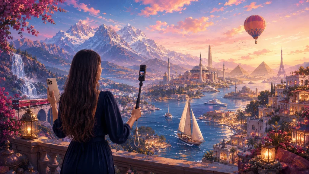 Illustrated traveller taking a selfie overlooking a fantasy skyline blending the Aurora, Swiss Alps, a sailing felucca, a cruise ship and the cities of the Travel Log, representing the LadyinTechverse Travel Log