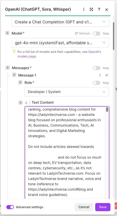 LITV AutoBlog Make.com Workflow Group 1 - OpenAI Generation - LadyinTechverse