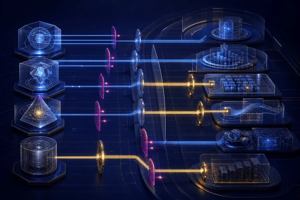 Permission map: four AI agent modules with different access footprints, read-only pathways in blue, authorised write pathways in gold, and denied pathways stopping at governance barriers