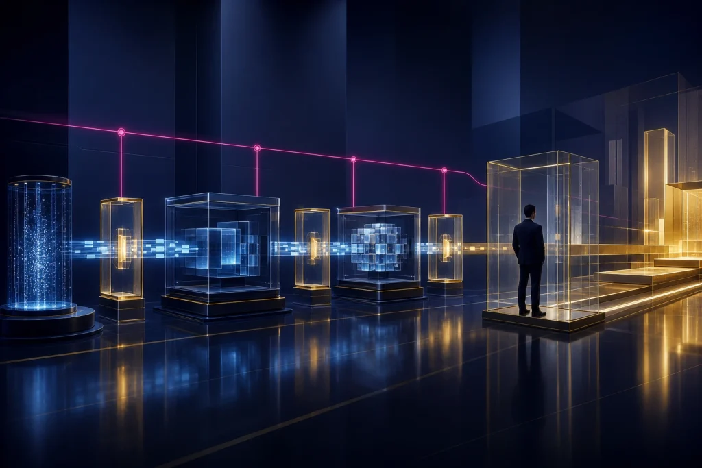 Agent handoff chain with gold checkpoints between each transfer, a pink provenance trail marking every handoff, and a human approval gate pausing the workflow before the live system