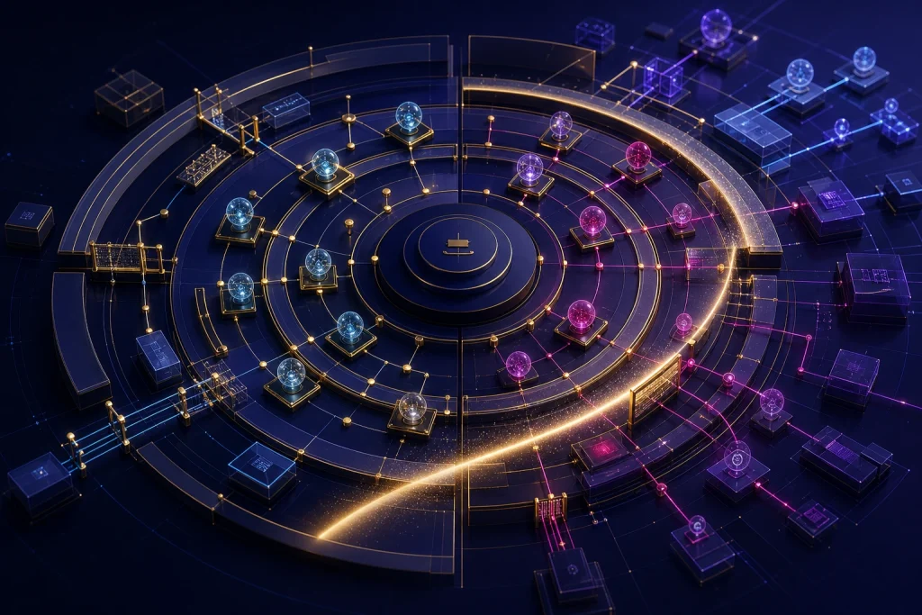 Circular governance architecture with concentric permission rings and an audit sweep crossing the system, leaving disciplined boundaries behind it and expanded access ahead of it
