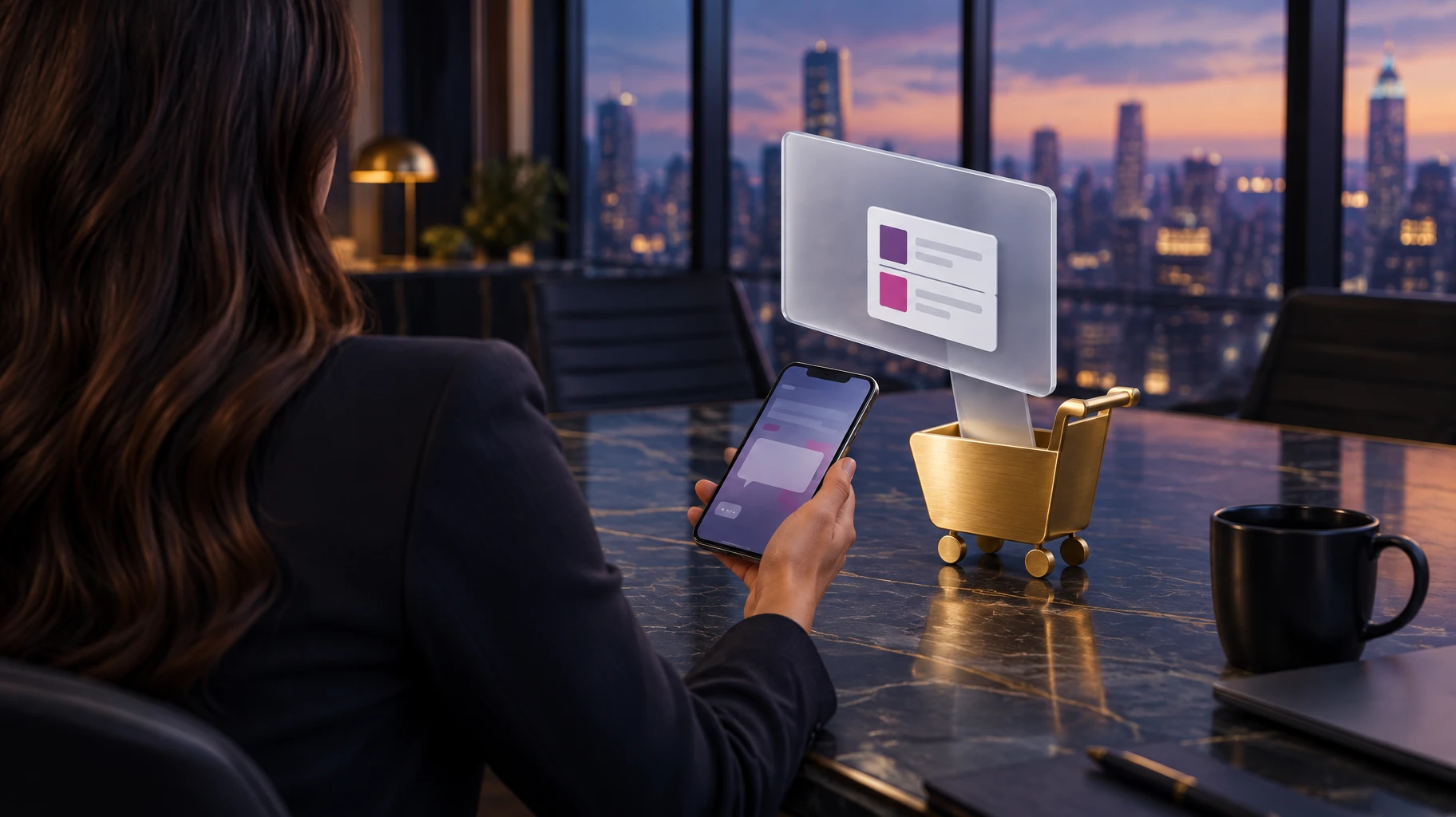 Over-the-shoulder view of a businesswoman holding a phone at a marble boardroom table as a comparison card drops into a gold shopping cart