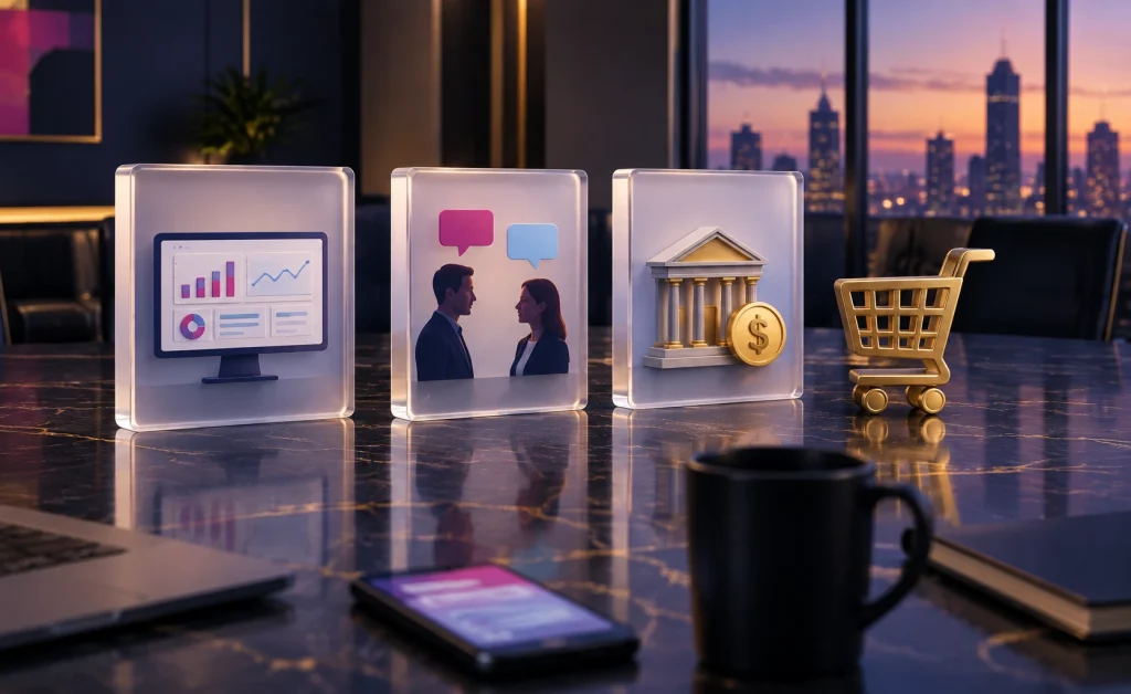 Three frosted glass panels showing a dashboard, a conversation and a bank beside a gold shopping cart
