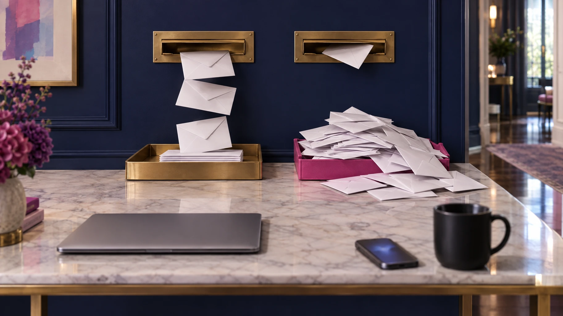 Two letterboxes: one delivering clean, intact letters into a tray, the other jammed and overflowing