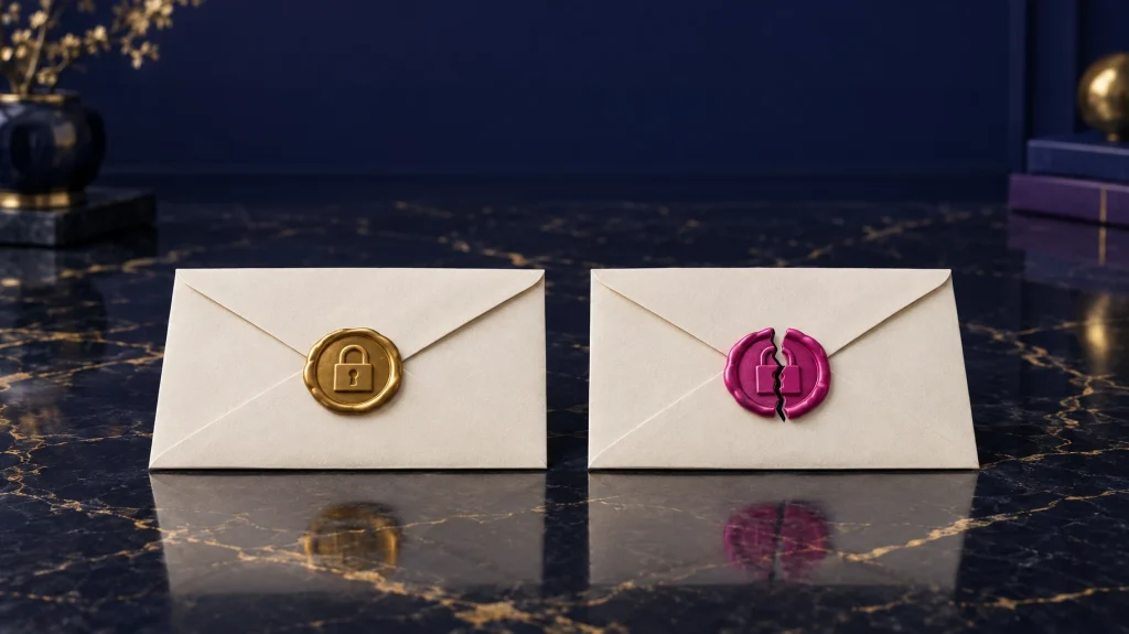 Two envelopes with wax seals, one intact with a padlock trust mark, one cracked with the padlock broken