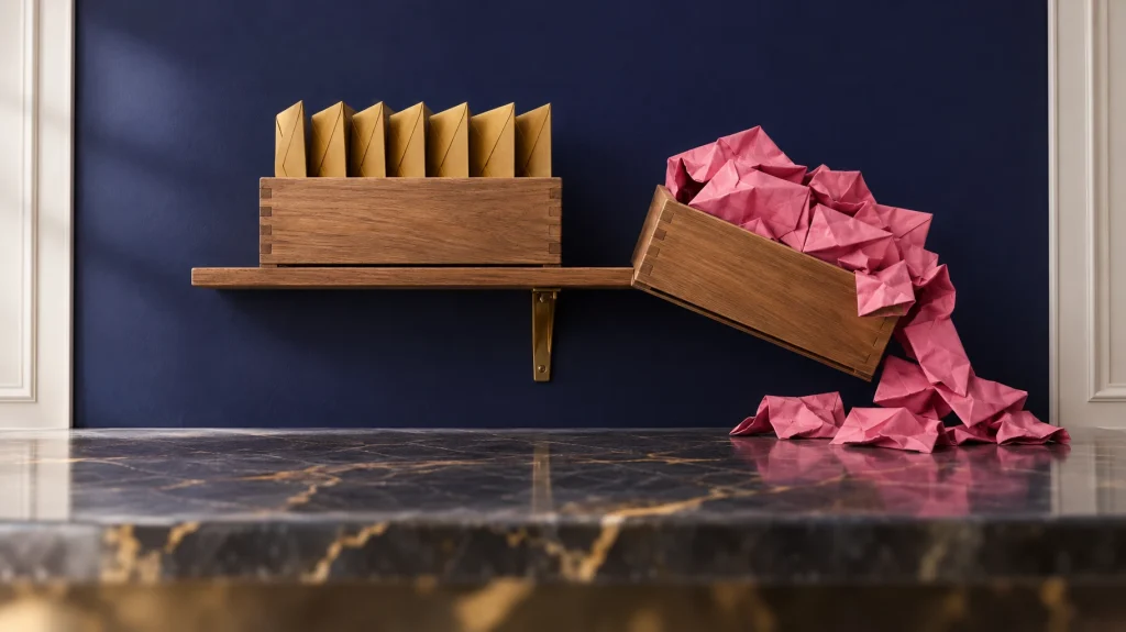 Wooden crates on a shelf, one tidy and one overloaded and spilling, representing list hygiene