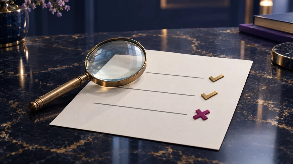 Magnifying glass over an audit checklist showing two passing items and one failing item