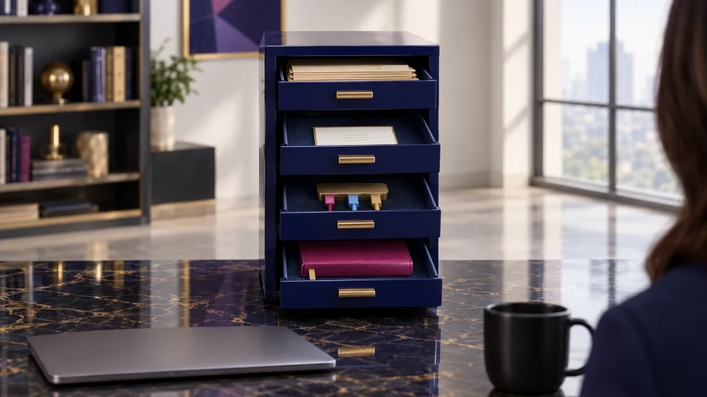 A navy four-drawer cabinet with each drawer open to show document folders, a rule card, an adapter hub and a logbook