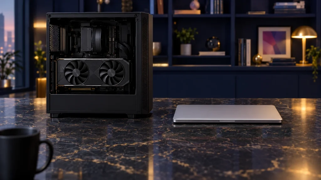 A computer tower with an exposed graphics card beside a closed laptop on a dark marble workbench