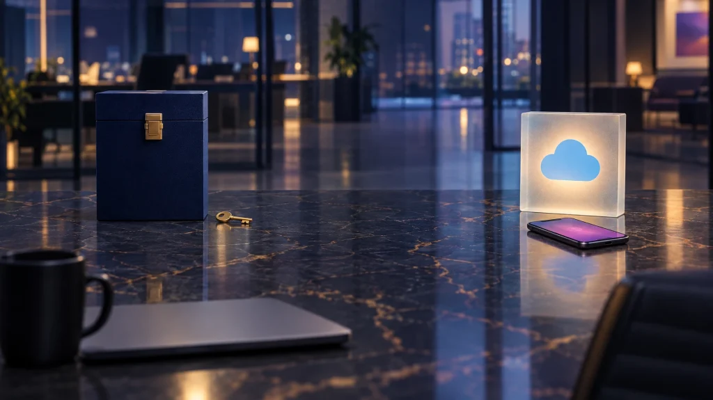 A navy archive box with a brass key on one side of a marble console and a cloud tile with a phone on the other