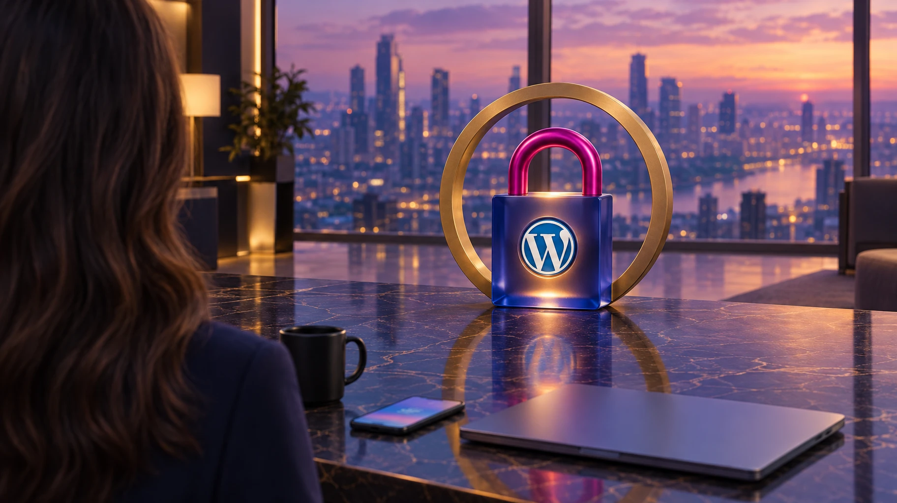 Padlock with the WordPress mark inside an unbroken gold ring on a marble console, representing the PHP2Shell security patch