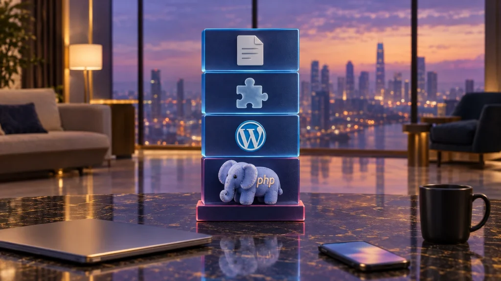 Four stacked layers: content, plugins and themes, WordPress core, and a plush elephant representing PHP