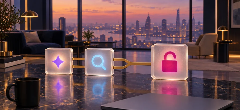AI sparkle and magnifier tiles joined by a gold rail to an open padlock tile, showing AI shortening the path to an exploit