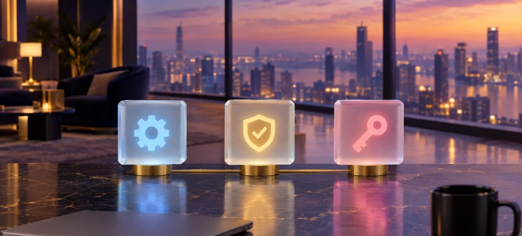 Three tiles with a gear, a shield with a check mark and a key, representing check your PHP version, verify the patch and rotate credentials